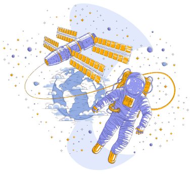 Açık alanda uçan astronot bağlı Uzay İstasyonu ve dünya gezegen arka planda, hafiflik ve ISS uzay aracı, yıldızlar ve diğer öğeleri içinde yüzen uzay giysisi içinde uzay adamı. İzole vektör.