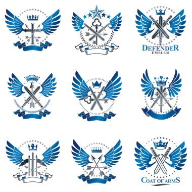 Vintage silah Amblemler ayarlayın. Hanedan işaretleri vintage öğeler koleksiyonu vektör.