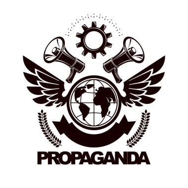 Reklam broşürleri hoparlörlerle ve Dünya küresiyle çevrili. Etrafı çarklarla çevrili. Proletarya devrimi soyut vektör çizimi. Küresel bilginin gücü.