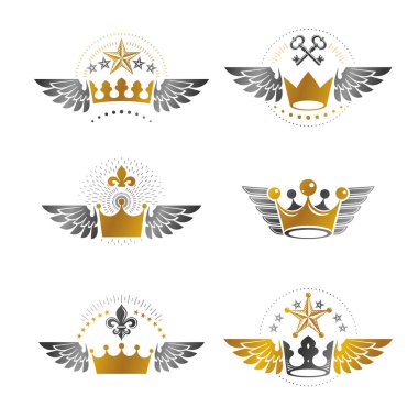 Görkemli kron ve eski yıldız amblem ayarlayın. Hanedan arması dekoratif logoları vektör çizimler toplama izole.