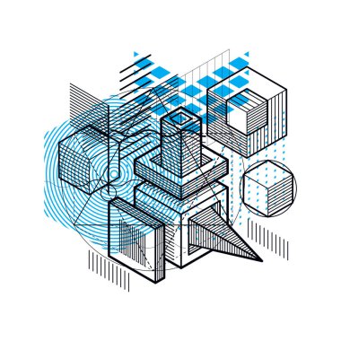 İzometrik hatları ile arka plan, illüstrasyon vektör. Küpleri, Altıgenler, kareler, dikdörtgenler ve farklı soyut öğeler ile yapılan şablonu.
