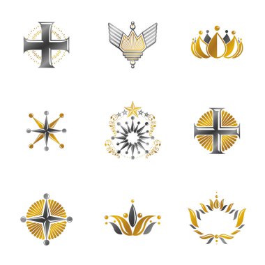 Eski Crown yıldız haçlar ve çiçek amblem ayarlayın. Hanedan arması, vintage vektör logolar toplama.