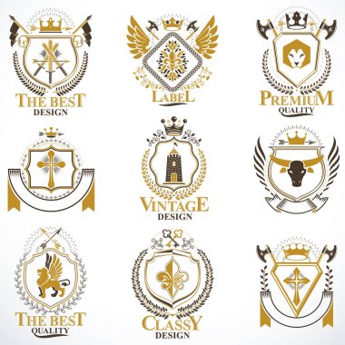 Hanedan vintage vektör öğeleri, hayvanlar, kuleleri, kron ve yıldız ile oluşturulan arması. Klas sembolik Amblemler koleksiyonu, vektör set.