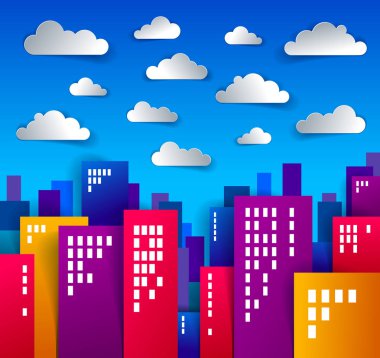 Binalar kağıt kesme çizgi film çocuklar oyun stili vektör çizim, şirin cityscape, kentsel yaşam, bulutlar gökyüzünde modern minimal tasarım City evleri