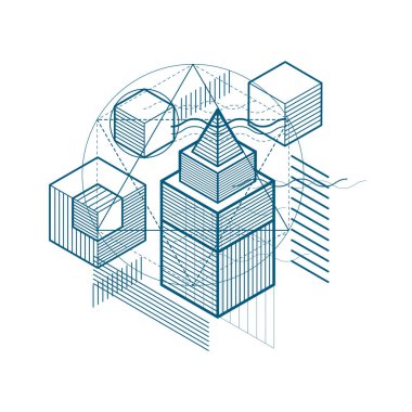 3D soyut vektör izometrik arka plan. Küpleri, Altıgenler, kareler, dikdörtgenler ve farklı soyut öğeler düzenini.