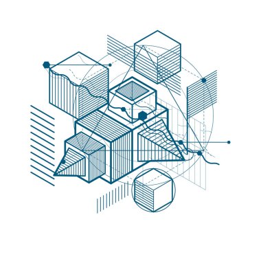 İzometrik doğrusal boyutlu şekillerle arka plan, 3d mesh elemanları vektör. Kompozisyon küpleri, Altıgenler, kareler, dikdörtgenler ve farklı soyut öğeler.