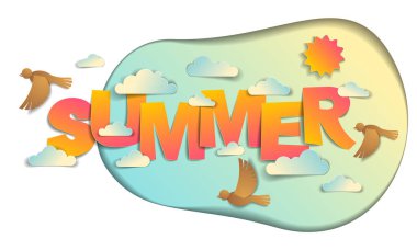 Kuşların güneş ve bulutların oluşturduğu kâğıt kesim sözcüğü modern tarz karikatür kağıdı 3D illüstrasyon kesiyor..