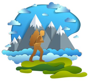 Uzun yürüyüşe çıkan kimse adam otlaklar arka planda yüksek dağ zirveleri ile yürürken. Vektör doğal doğa illüstrasyon yürüyüş adamla sırt çantası taşıyan dağcı. Yaz tatillerini.  