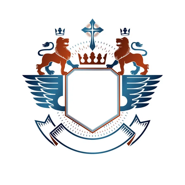 Grafisk Emblem Med Lion Heraldiskt Djur Element Kungakrona Och Religiösa — Stock vektor