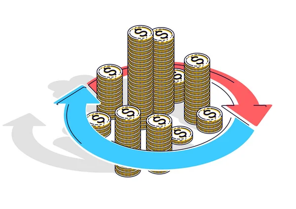 資金循環 投資収益率 通貨交換 キャッシュバック 概念を使用することができます 円弧状のループ矢印が付いた現金スタックのベクトルイラスト 3Dアイソメトリック — ストックベクタ