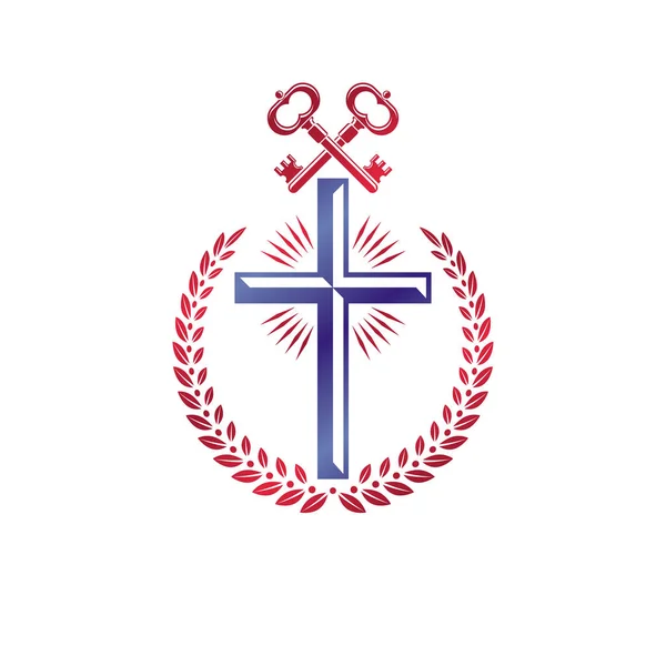キリスト教の十字の装飾的なエンブレムは セキュリティ キーで構成されています 紋章のベクター デザイン要素 レトロなスタイルのロゴ 宗教的なヴィンテージのシンボル 信仰は救いの鍵 — ストックベクタ