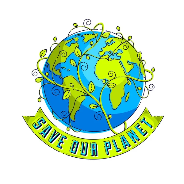 拯救我们的星球概念 生态生态 地球气候变化 地球日 4月22日 地球与丝带和打字和花卉叶子绿色生长 矢量标志或插图隔离在白色 — 图库矢量图片