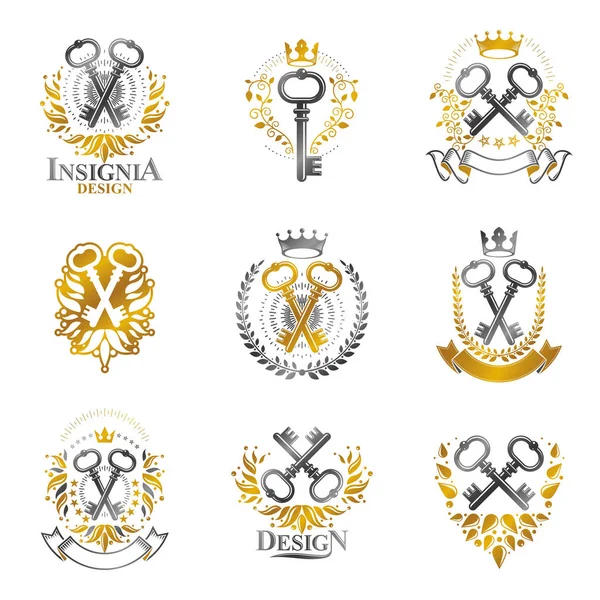 Oude Turnkey Keys Emblemen Ingesteld Heraldische Vector Design Elementen Collectie — Stockvector