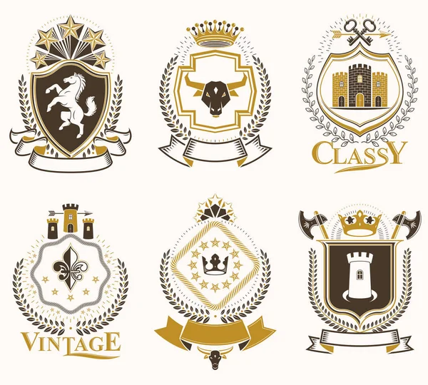 Uppsättning Gamla Stil Heraldry Vektor Emblem Vintage Illustrationer Dekorerade Med — Stock vektor