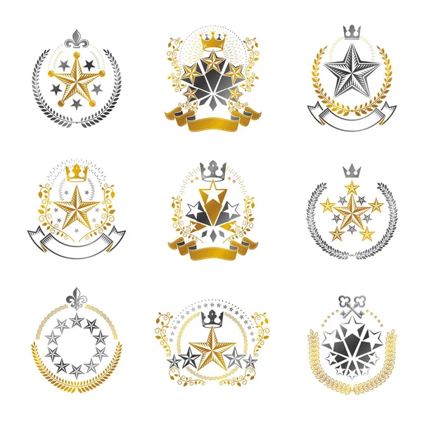 Эмблемы Пятиугольных Звёзд Установлены Геральдический Герб Коллекция Винтажных Векторных Логотипов — стоковый вектор