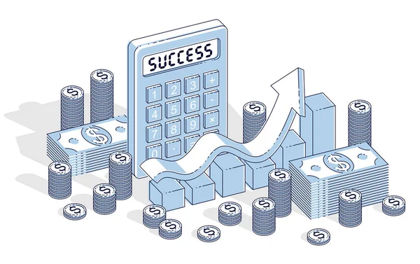 Успех Бизнеса Концепция Роста Доходов Калькулятор График Стрелками Наличными Деньгами — стоковый вектор