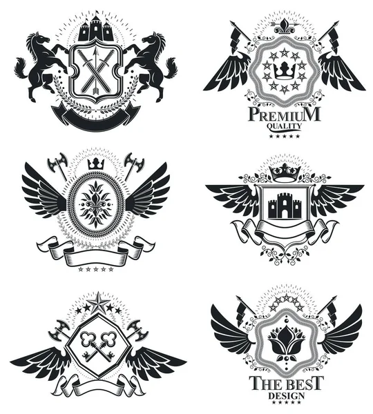 Heraldikai Emblémák Elszigetelt Vektor Illusztrációk Vintage Stílusú Szimbólumok Gyűjteménye — Stock Vector