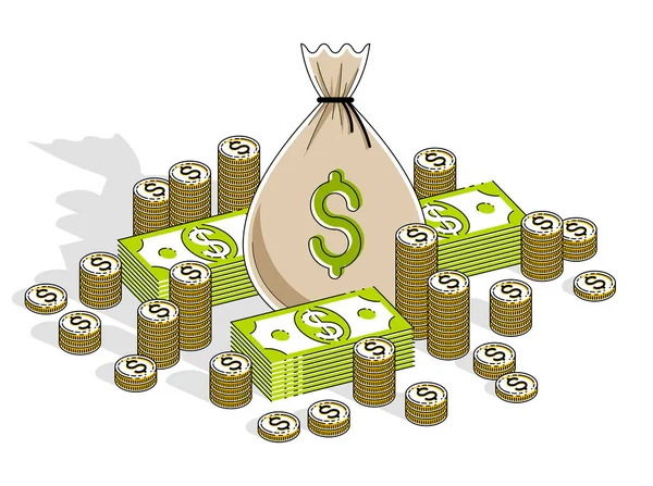 Cash Rijkdom Rijkdom Money Bag Met Dollar Stapels Munten Cent — Stockvector