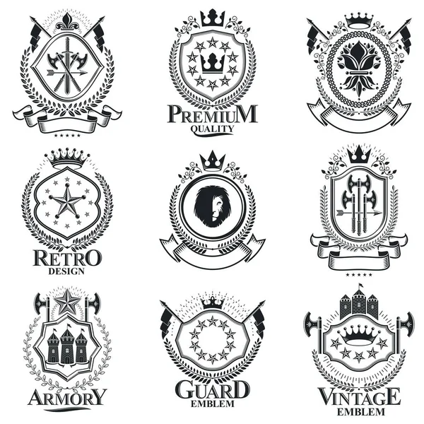 Heraldický Erb Retro Vektorové Symboly Vysoce Kvalitní Sbírka Symbolických Ilustrací — Stockový vektor