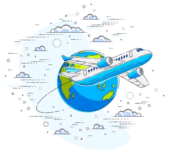 雲に囲まれた空の地球の惑星と飛行機の旅客機 航空会社の航空旅行のイラスト 白い背景の上に隔離された美しい細い線ベクトル — ストックベクタ