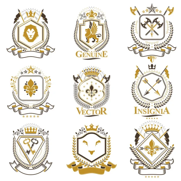 Șabloane Design Heraldic Vintage Embleme Vectoriale Create Aripi Păsări Coroane — Vector de stoc