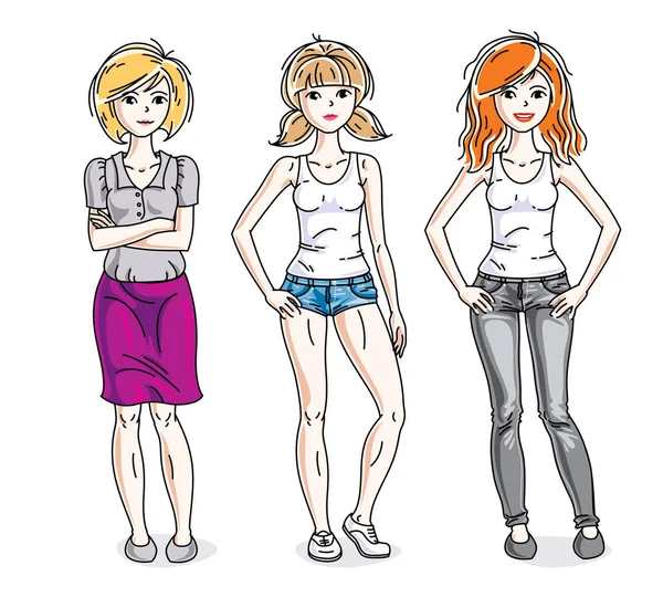 Aantrekkelijke Jonge Vrouwen Poseren Dragen Casual Kleding Vector Diversiteit Mensen — Stockvector