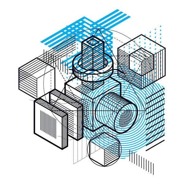 Abstraktní Pozadí Izometrické Prvky Vektorové Lineární Kresby Pomocí Čar Tvarů — Stockový vektor