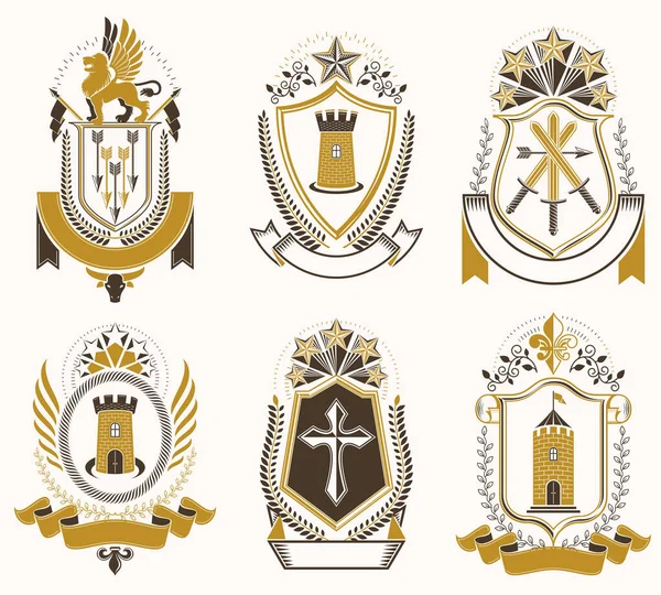 Zestaw Starych Heraldycznych Emblematów Wektorowych Stylu Zabytkowe Ilustracje Ozdobione Akcesoriami — Wektor stockowy