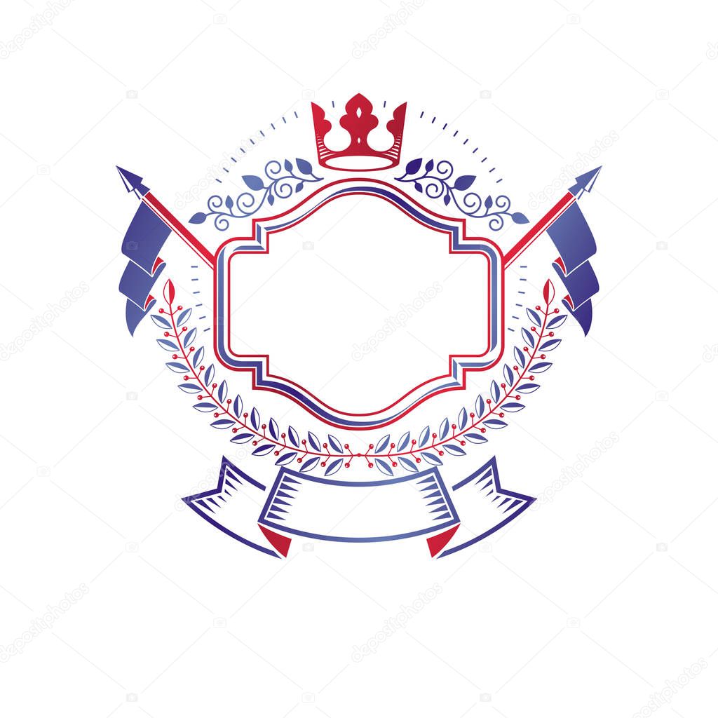 Graphic emblem composed using majestic crown and flags. Heraldic Coat of Arms decorative logo isolated vector illustration