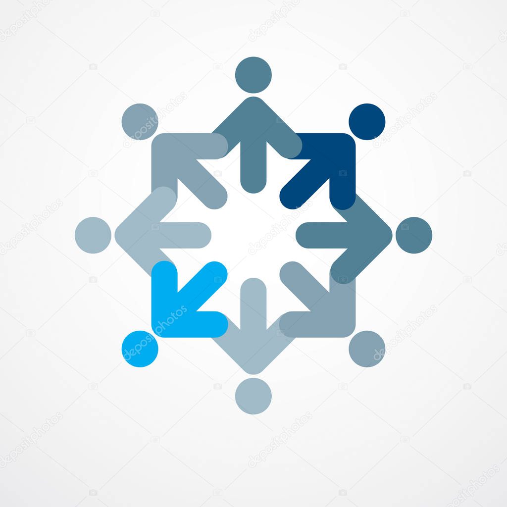 Teamwork and friendship concept created with simple geometric elements as a people crew. Vector icon or logo. Unity and collaboration idea, dream team of business people blue design.