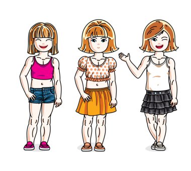 Moda rahat kıyafetlerle poz güzel mutlu küçük kızlar. Vektör çocuklar illüstrasyonlar set.