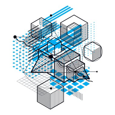 İzometrik soyutlama hatları ve farklı öğeleri, vektör arka plan. Kompozisyon küpleri, Altıgenler, kareler, dikdörtgenler ve farklı soyut öğeler.