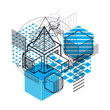 İzometrik çizgiler ve şekiller ile soyut vektör arka plan. Küpleri, Altıgenler, kareler, dikdörtgenler ve farklı soyut öğeler.