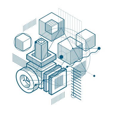 İzometrik arka plan çizgileri ve diğer farklı elemanları, vektör soyut şablonu. Kompozisyon küpleri, Altıgenler, kareler, dikdörtgenler ve farklı soyut öğeler.