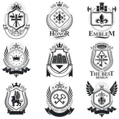 Hanedan arması, klasik vektör amblemleri. Yüksek kaliteli sembolik illüstrasyon koleksiyonu, vektör kümesi.