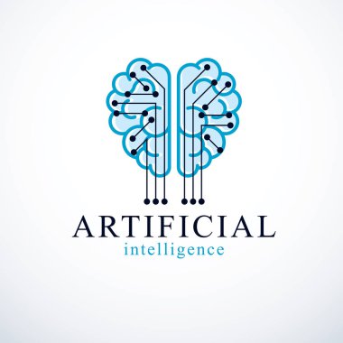Yapay zeka konsept vektör logosu tasarımı. Elektronik teknoloji elementleri ikonu olan insan anatomik beyni. Akıllı yazılım, akıllı makineler ve bilgisayar programları hakkındaki fütüristik fikir.