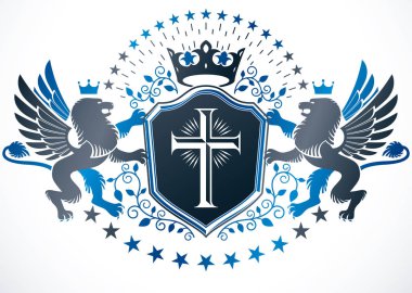Eski stil hanedanlık armaları, hanedan amblemi, efsanevi grifon, Hıristiyan çapraz ve Imperial crown ile oluşturulmuş vektör çizim.