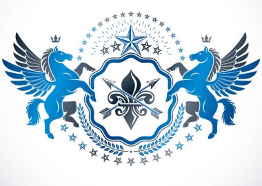 Vintage amblemi vektör hanedan tasarımında yapılan. Retro tarzı etiket antik spears ile oluşan ve efsanevi Pegasus, Imperial crown ve Lily çiçek Kraliyet sembolü ile yapılan.