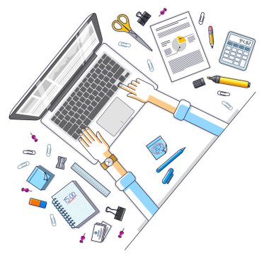 Ofis Resepsiyon çalışma alanı en iyi manzaralı ofis çalışanı veya girişimci, dizüstü bilgisayar ve çeşitli ileti örneği nesneleri iş için elinde. Tüm öğeleri ayrı ayrı kullanımı kolay. Vektör çizim.