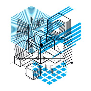 İzometrik hatları ile arka plan, illüstrasyon vektör. Küpleri, Altıgenler, kareler, dikdörtgenler ve farklı soyut öğeler ile yapılan şablonu.