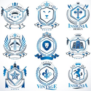 Vektör klas hanedan arması. Blazons topluluğu vintage tasarımında stilize ve oluşturulan grafik öğeleri, Kraliyet kron ve bayrak, yıldız, kuleleri, Tophane, dini haçlar.