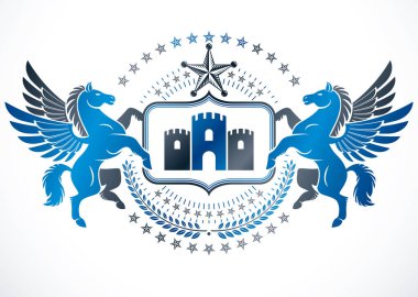 Hanedan Arması dekoratif amblemi ortaçağ kulesi, efsanevi Pegasus ve pentagonal yıldız kullanılarak oluşturulan