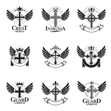 Christian Cross amblemleri yerleştirildi. Arms dekoratif logoları Heraldic Coat izole edilmiş vektör çizimleri koleksiyonu.