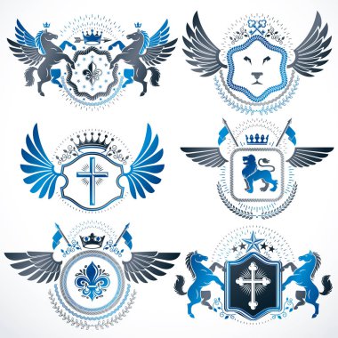 Beyaz üzerine izole edilmiş ve klasik tasarım elementleri, kral tacı, beşgen yıldızlar, cephanelik, vahşi hayvanlar kullanılarak yaratılmış vektör hanedan arması arması..