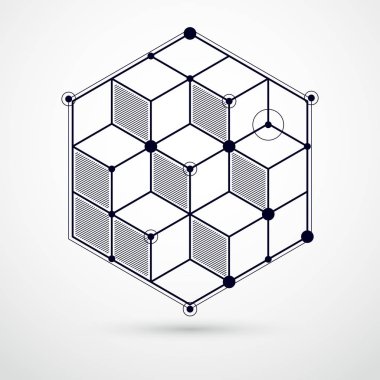 Küpler ve diğer elementlerle soyut geometrik vektör siyah beyaz arka plan. Küpler, altıgenler, kareler, dikdörtgenler ve soyut elementlerin bileşimi. Tasarımlarınız için mükemmel bir arkaplan