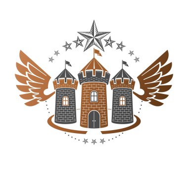 Antik kale amblemi. Hanedan arması, vintage vektör logosu. İzole beyaz zemin üzerine eski tarzı Retro logo.