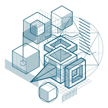 3B şekiller kompozisyon soyut, izometrik arka plan vektör. Kompozisyon küpleri, Altıgenler, kareler, dikdörtgenler ve farklı soyut öğeler.