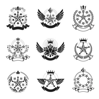 Askeri yıldız amblem ayarlayın. Hanedan vektör tasarım öğeleri koleksiyonu. Retro tarzı etiket, Hanedanlık armaları logosu.