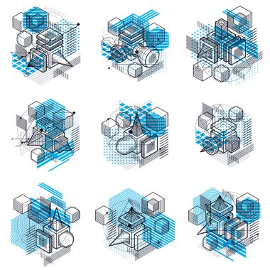 İzometrik çizgiler ve şekiller ile soyut vektör arka. Küpleri, Altıgenler, kareler, dikdörtgenler ve farklı soyut öğeler. Vektör toplama.