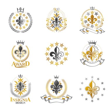 Kraliyet sembolleri, Lily Flowers amblemleri. Heraldik vektör tasarım elemanları koleksiyonu. Retro biçim etiketi, heraldry logosu.